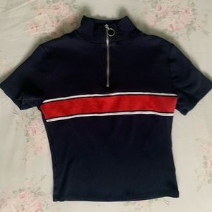 Cropped Zip Up Short Sleeved Navy Blue Top